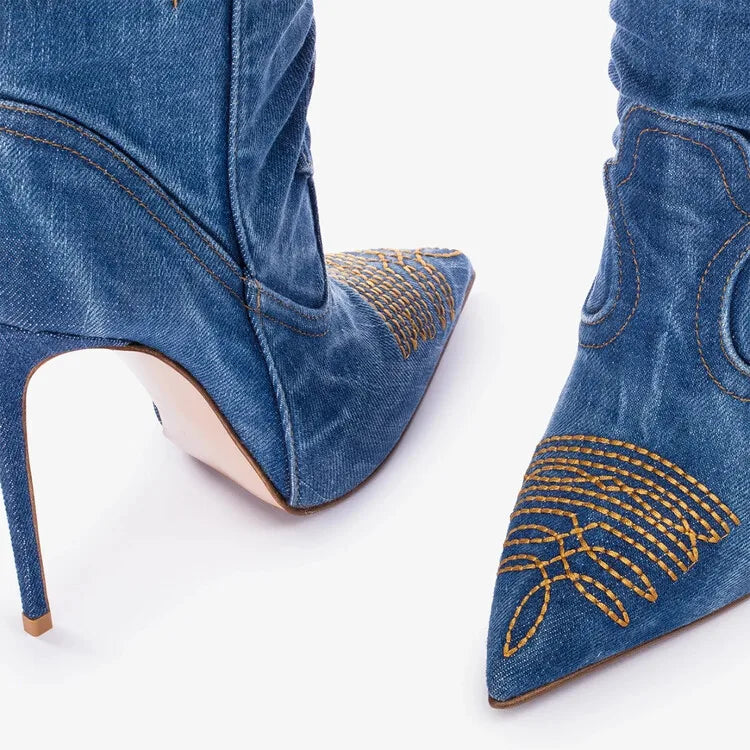 Women's Trendy Cowgirl Cowboy Denim Knee High Boots Long Slip-on Shoes with Thin Heels and Pointed Toe High Heels