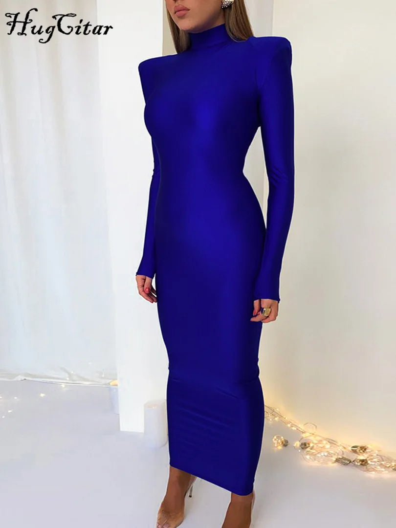 Long Sleeve With Shoulder Pads Turtleneck Maxi Dress