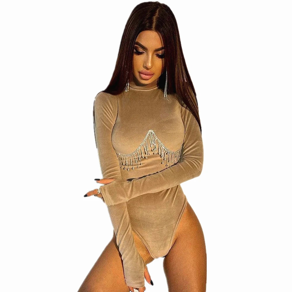Bodysuits, Full Sleeves, Short Romper, Retro Diamond Chain One Piece Jumpsuit