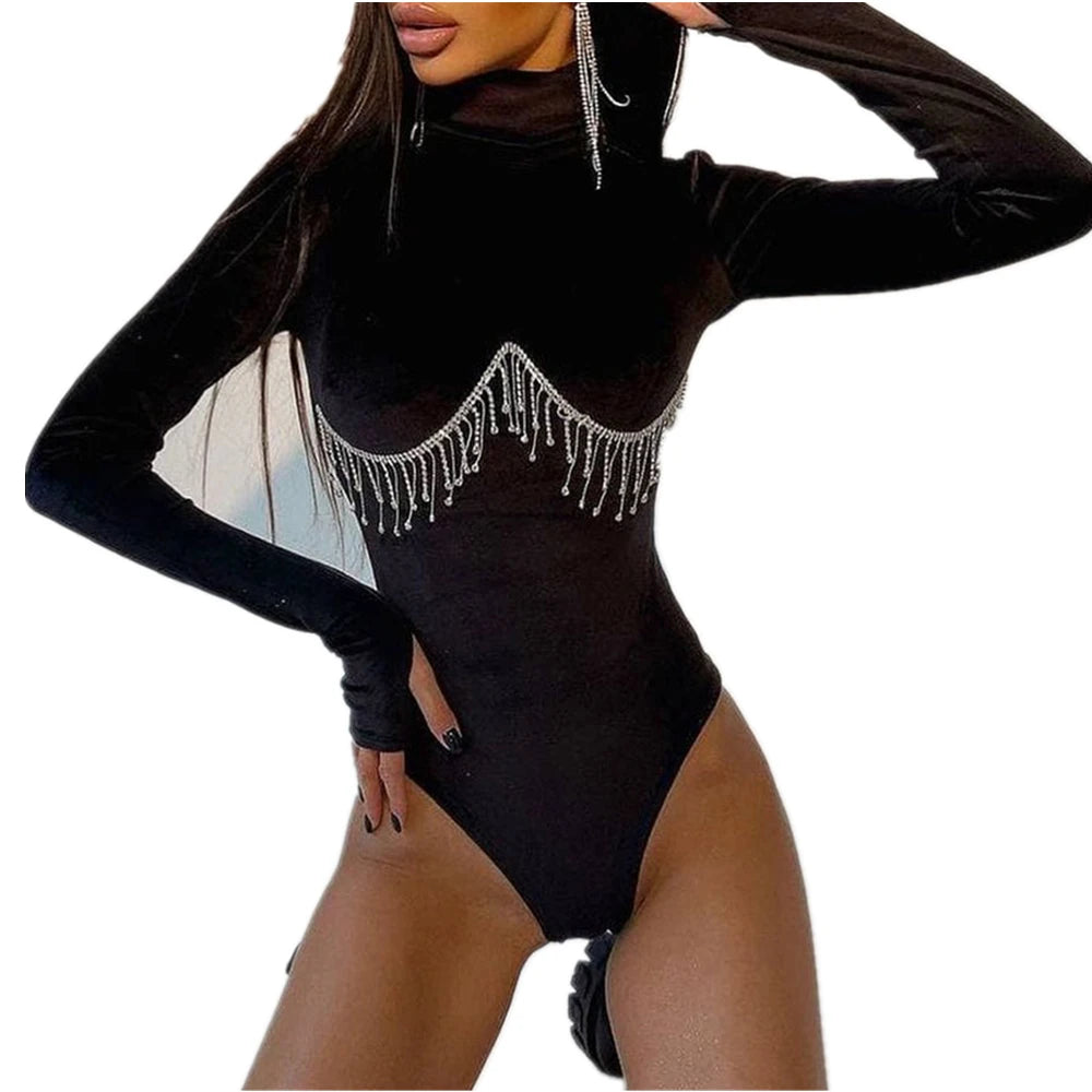 Bodysuits, Full Sleeves, Short Romper, Retro Diamond Chain One Piece Jumpsuit