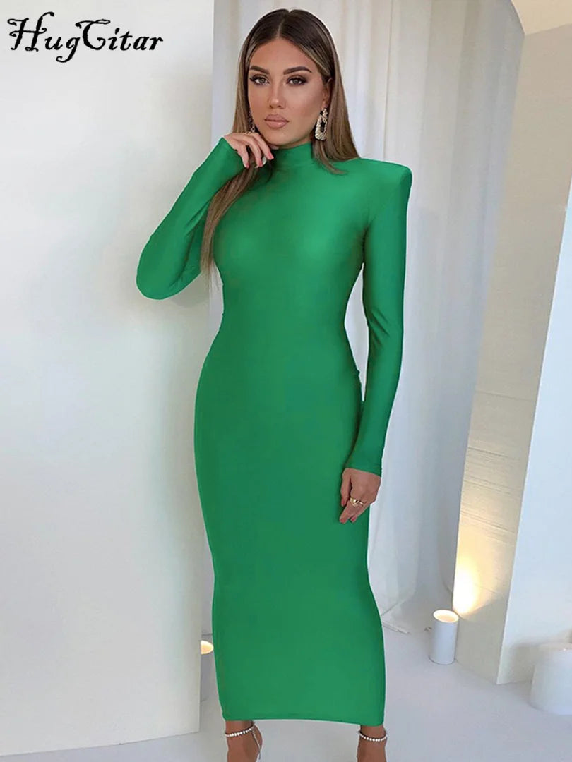 Long Sleeve With Shoulder Pads Turtleneck Maxi Dress