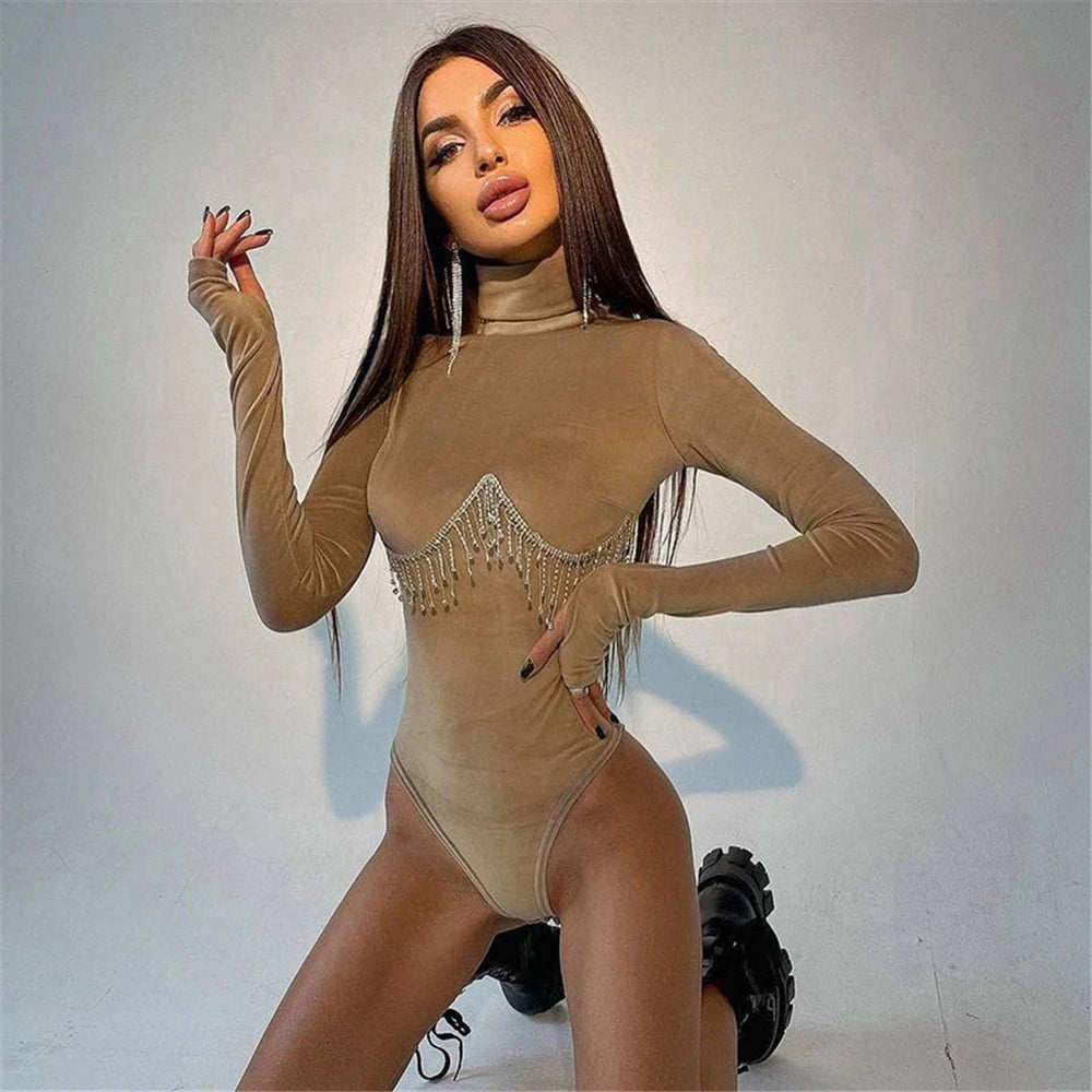 Bodysuits, Full Sleeves, Short Romper, Retro Diamond Chain One Piece Jumpsuit