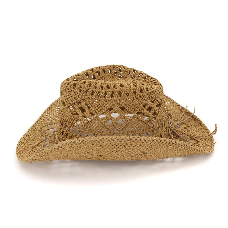 Summer Outdoor Men Women Hand-woven Western Cowboy Paper Straw Hats Wide Brim Breathable Beach Jazz Cap Sun Protection Hat