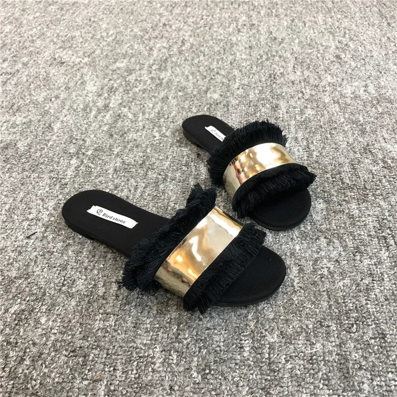 Cozy Shoes Women Fashion Metal Bling Slides Fur Fringe Flip Flops Summer Flat Slides Outside Shoes