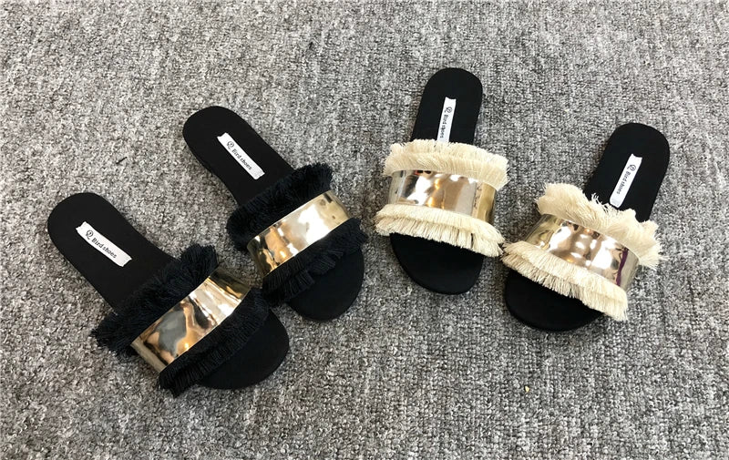 Cozy Shoes Women Fashion Metal Bling Slides Fur Fringe Flip Flops Summer Flat Slides Outside Shoes