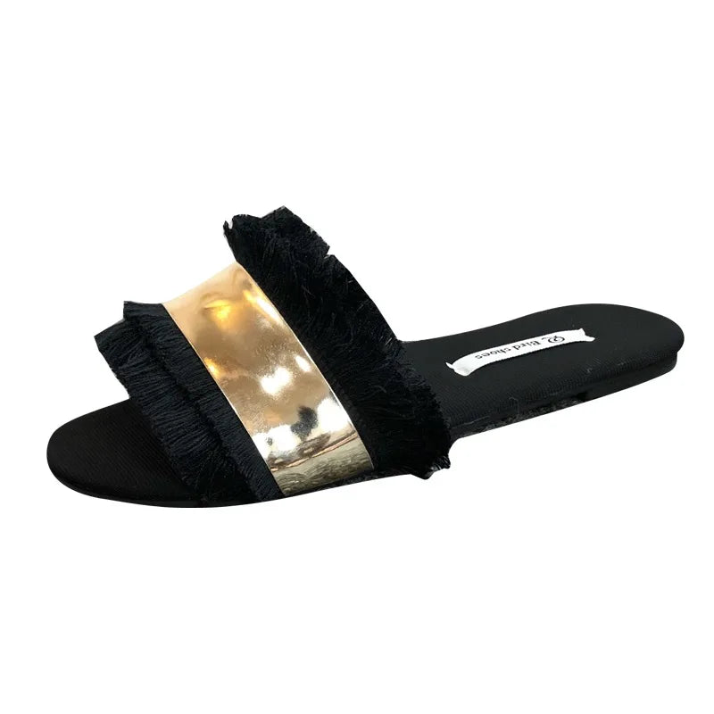 Cozy Shoes Women Fashion Metal Bling Slides Fur Fringe Flip Flops Summer Flat Slides Outside Shoes