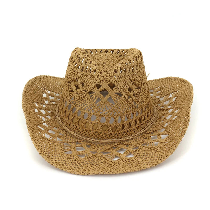 Summer Outdoor Men Women Hand-woven Western Cowboy Paper Straw Hats Wide Brim Breathable Beach Jazz Cap Sun Protection Hat