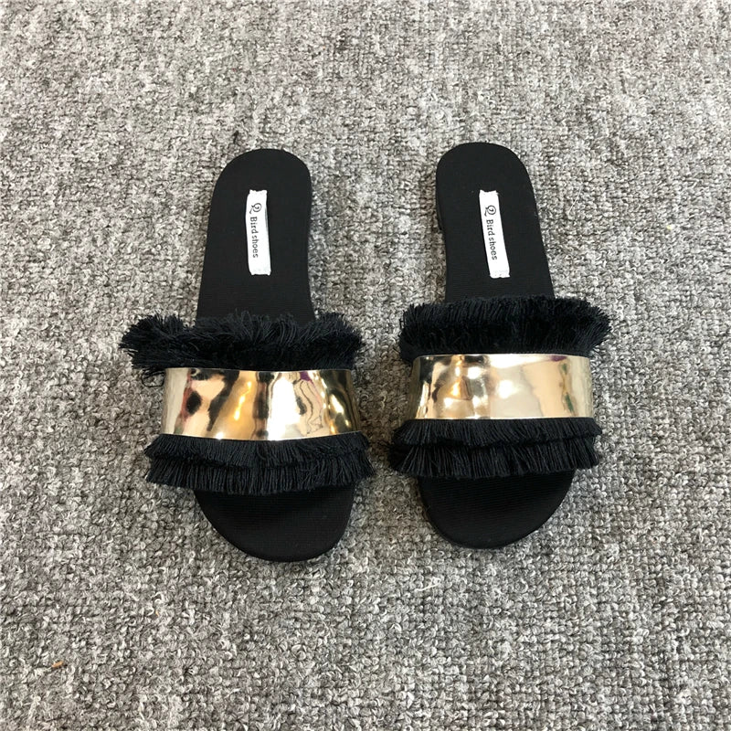 Cozy Shoes Women Fashion Metal Bling Slides Fur Fringe Flip Flops Summer Flat Slides Outside Shoes
