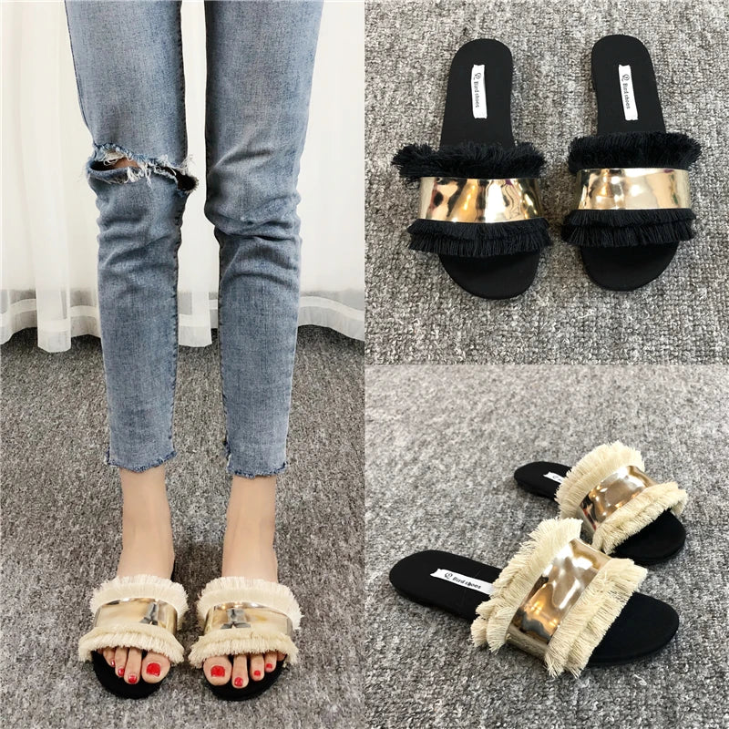 Cozy Shoes Women Fashion Metal Bling Slides Fur Fringe Flip Flops Summer Flat Slides Outside Shoes