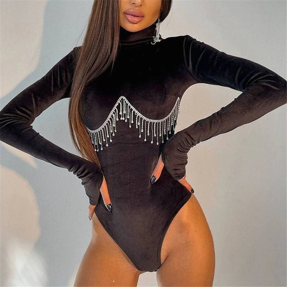Bodysuits, Full Sleeves, Short Romper, Retro Diamond Chain One Piece Jumpsuit