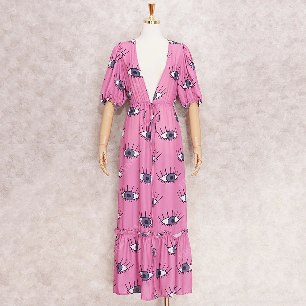 Bikini Cover-ups Pink Chiffon Tunic Long Kimono Dress Beach Wear Swimsuit Cover Up