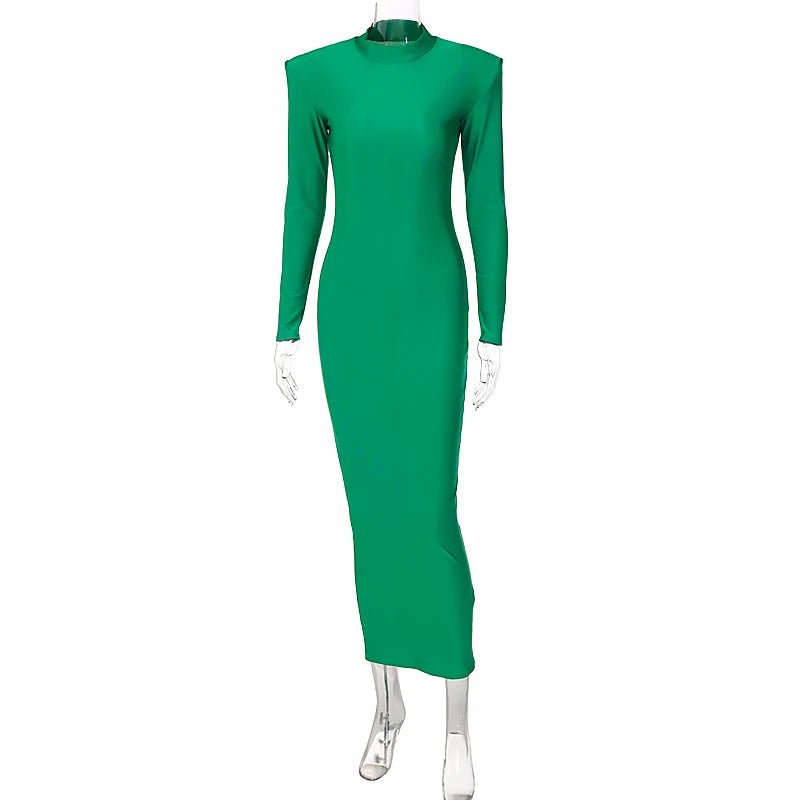 Long Sleeve With Shoulder Pads Turtleneck Maxi Dress