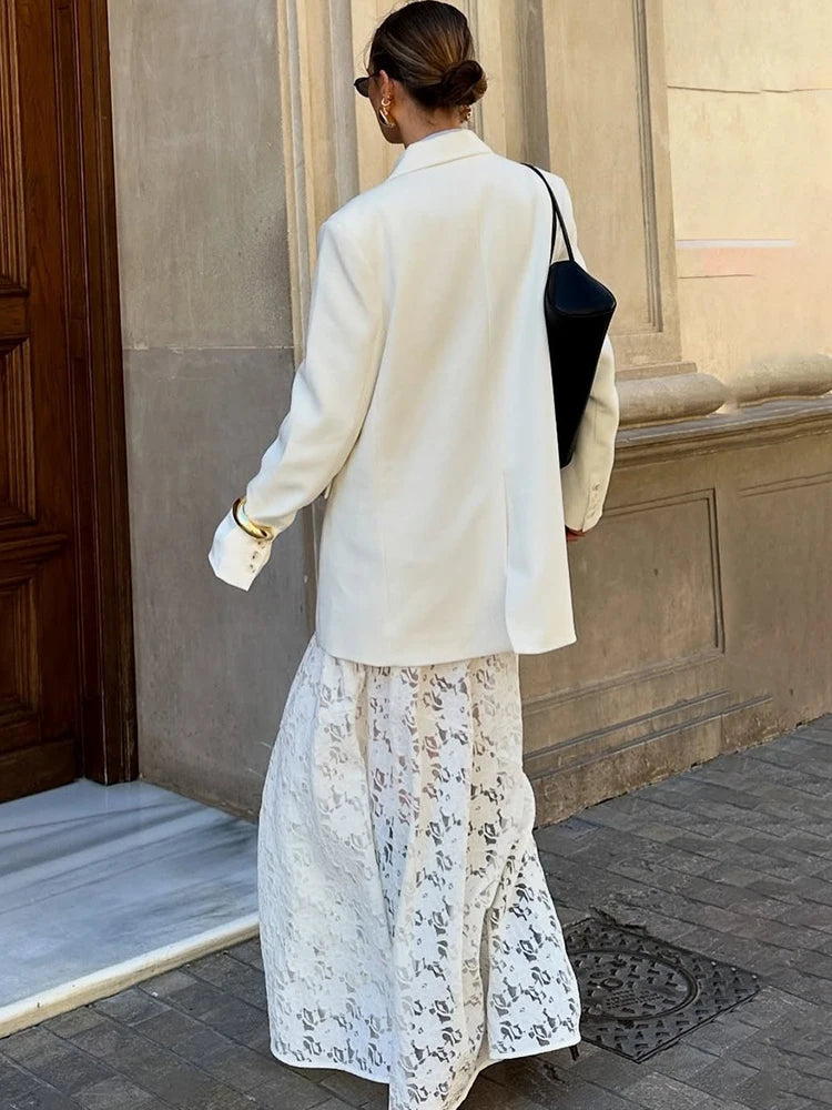 Sheer Printed Floral Lace Women Skirt White High Waist A-line Long Skirt