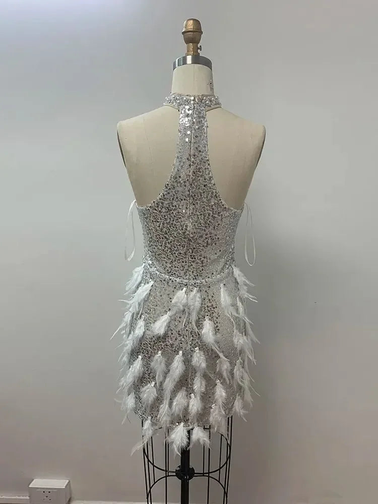 Luxury Beaded Sequins Silver Feather Tight Mini Dress Elegant Party Evening Dress Vestido
