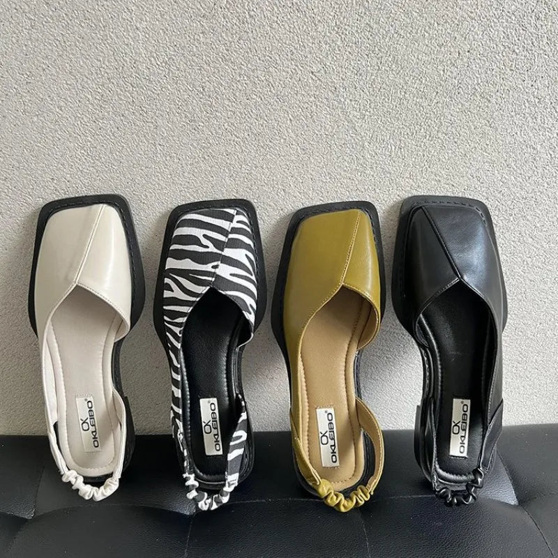 Elastic Band Flat Heel Women Shallow Party Shoes Square Heel Square Toe Sandal