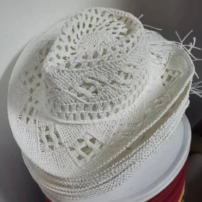 Summer Outdoor Men Women Hand-woven Western Cowboy Paper Straw Hats Wide Brim Breathable Beach Jazz Cap Sun Protection Hat