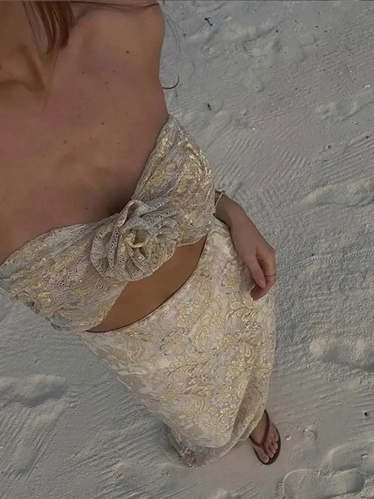 Elegant 3d Flower Print Strapless Maxi Dress