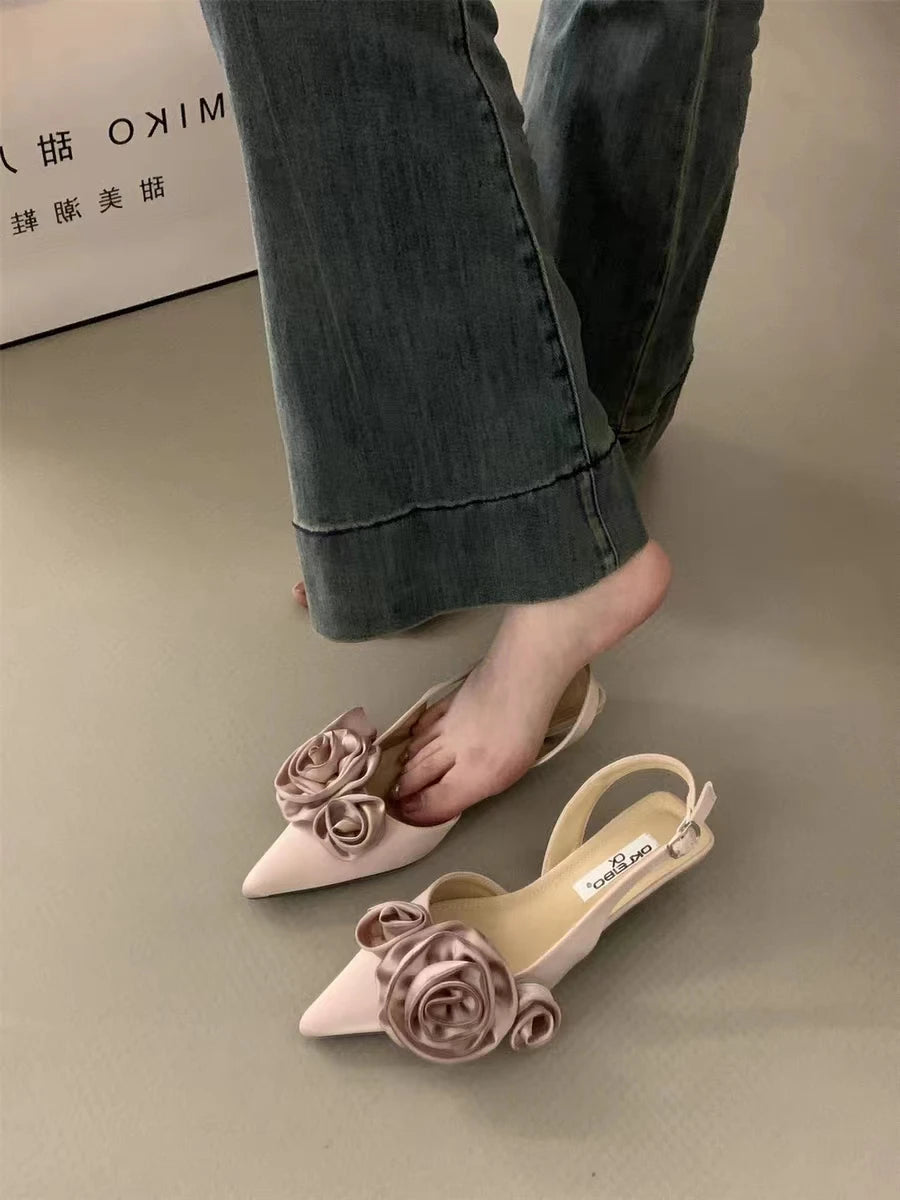 New 3D Flower Women Sandal Fashion Flower Ladies Elegant Dress Slingback Shoes Thin Low Heel Dress Mules Pumps