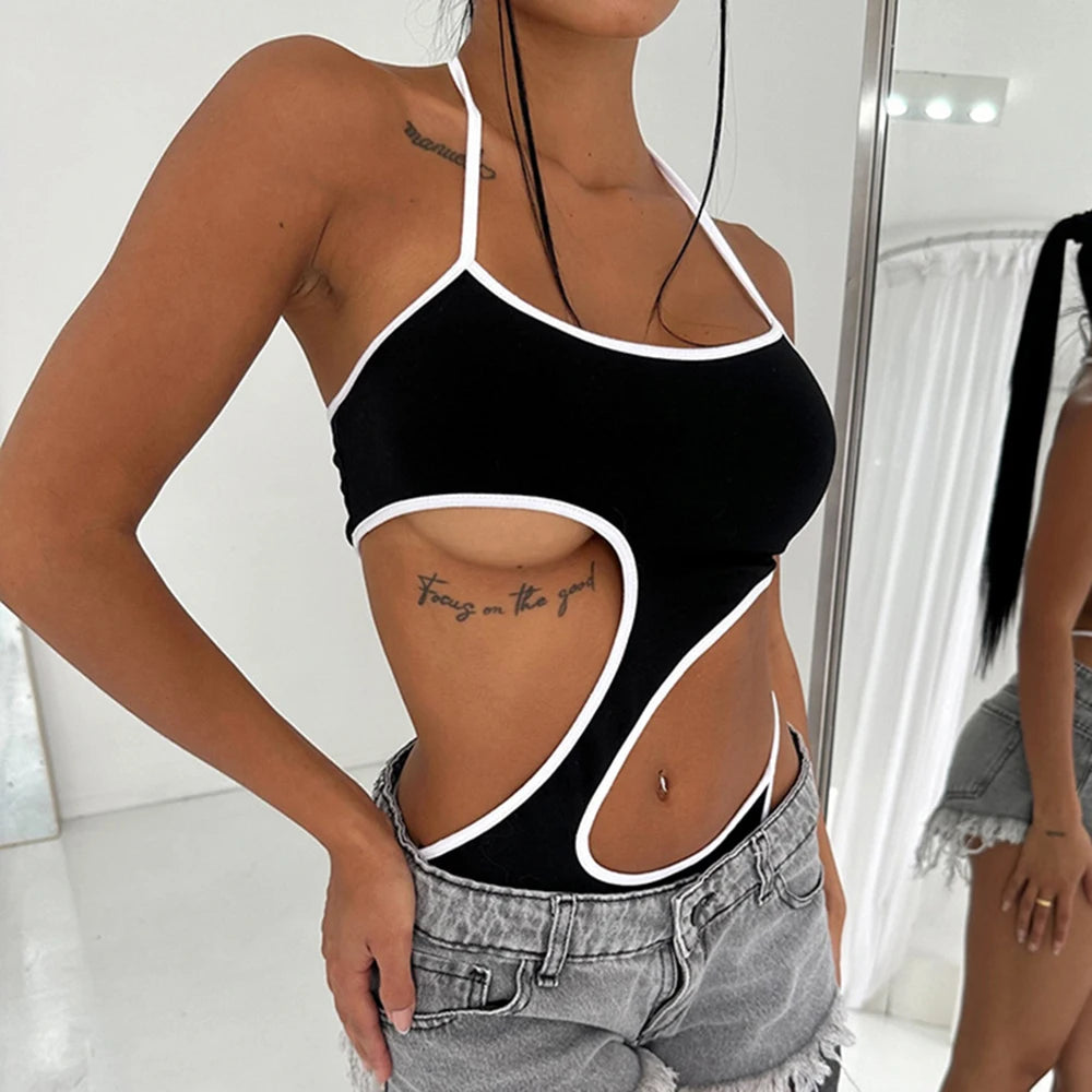 Bodysuit Jumpsuits Summer Style Binding Cut-Out Sleeveless Halter Neck Solid Color Fitting Slim Jumpsuits for Women