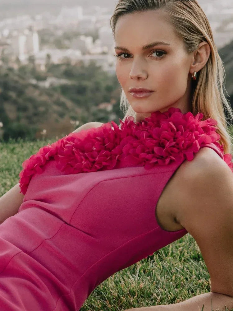 Mini Dress Women Rose Red One Shoulder Flower Bodycon Dress Evening Celebrity Party Dres