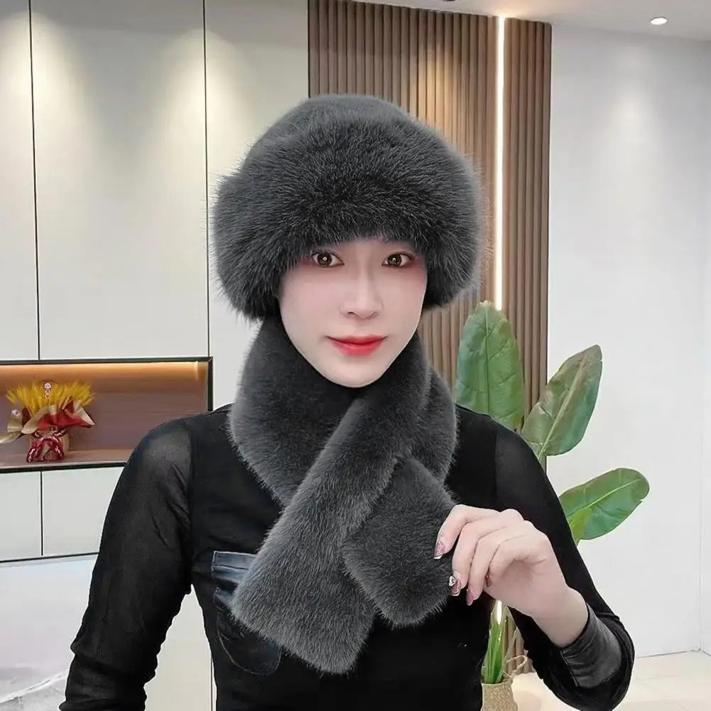 2Pcs Women Winter Russian Hat Neck Warmer Thick Stretchy Keep Warm Dome Cap Outdoor Skiing Skating Headwear