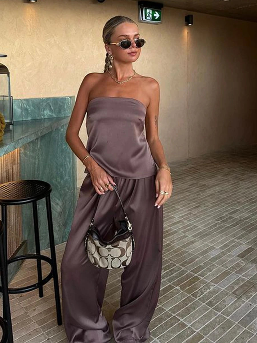 2Piece Outfits Bandage Lace-up Backless Bandeau Tops+ Wide Leg Pants Set