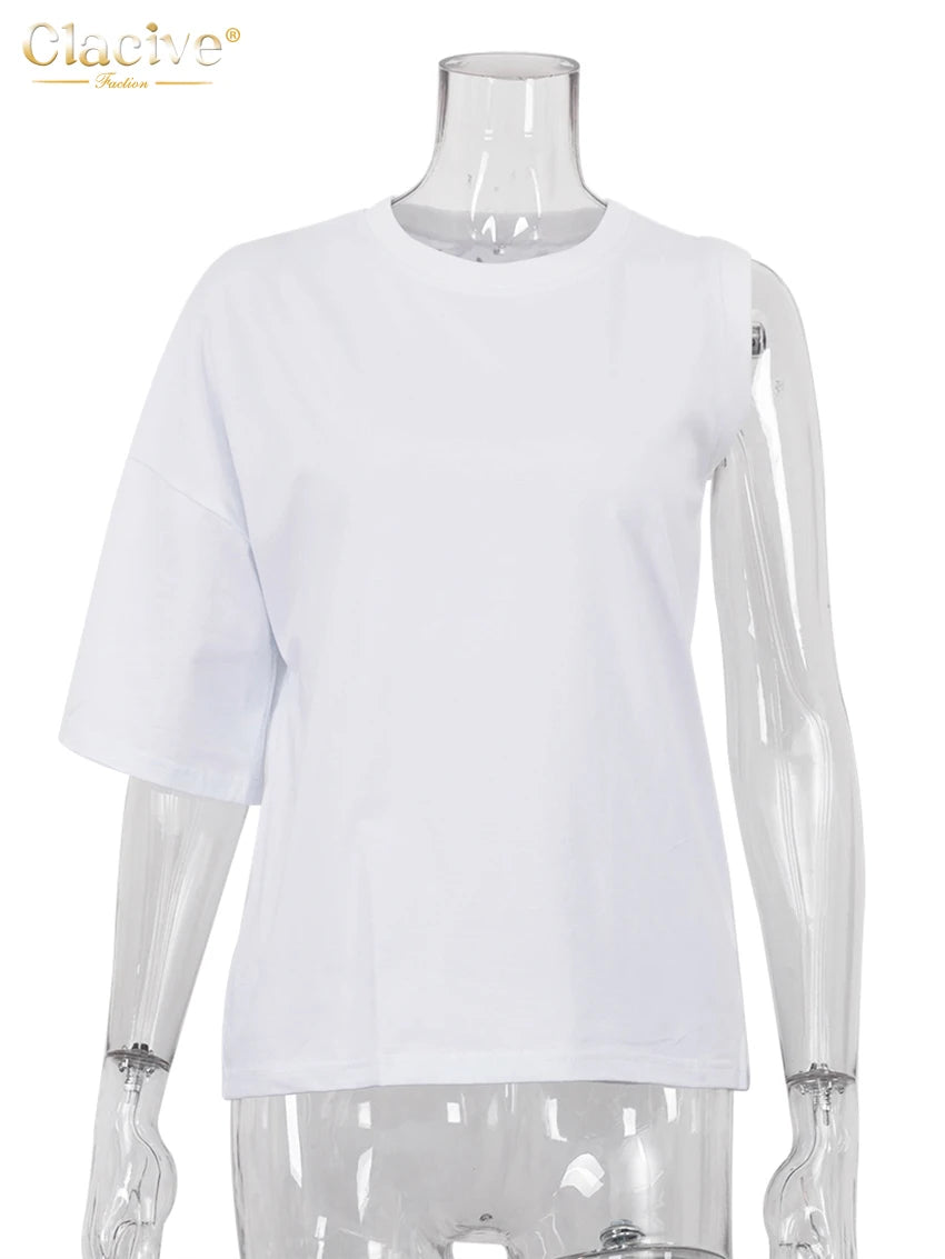 O-Neck Short Sleeve T Shirt Elegant Chic Asymmetry Tops