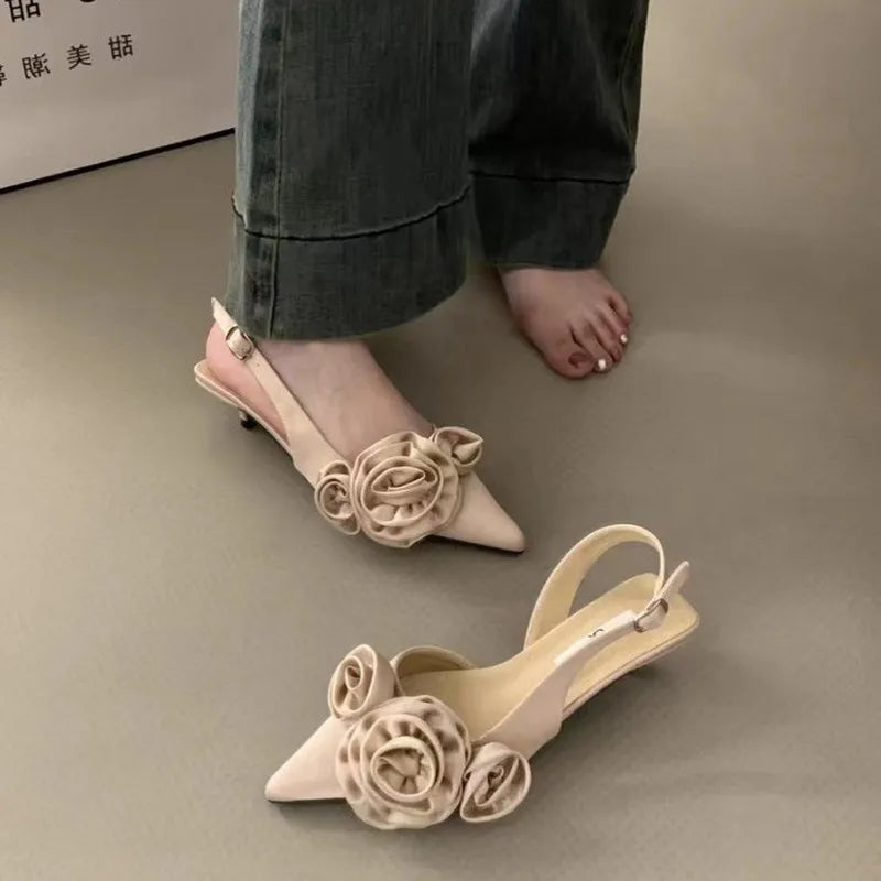 New 3D Flower Women Sandal Fashion Flower Ladies Elegant Dress Slingback Shoes Thin Low Heel Dress Mules Pumps
