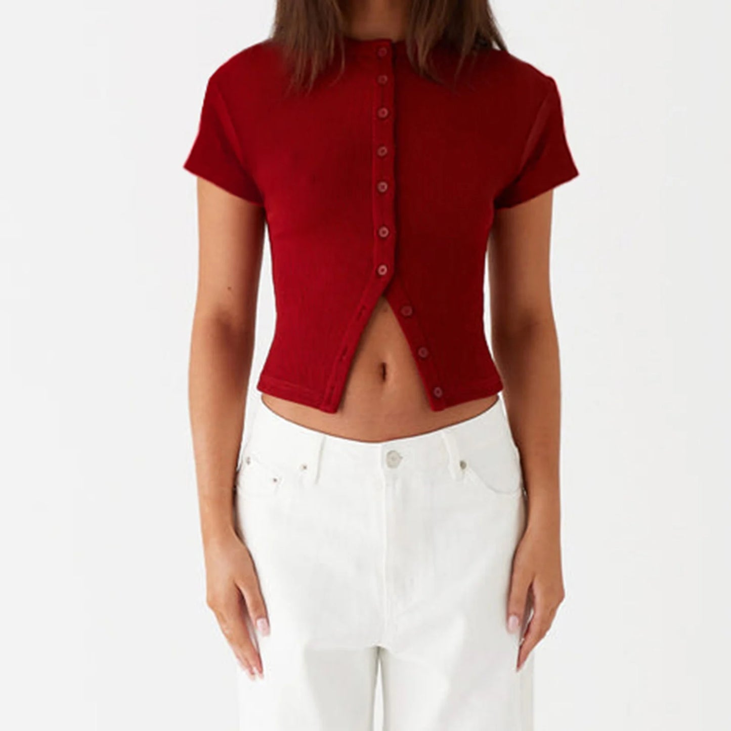 Sumemr Short Sleeve T Shirts for Women Ribbed Casual Slim Fits Tops Tee Fashion Y2K Clothes T-shirt Solid Button Up Tees Tops