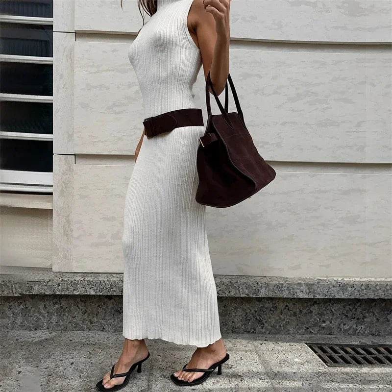 Knitted Turtleneck Sleeveless Bodycon Dress For Women Elegant Rib Knit Long Dress High Waist Party Dresses Vestido