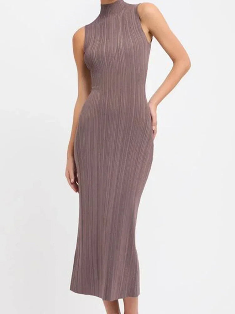 Knitted Turtleneck Sleeveless Bodycon Dress For Women Elegant Rib Knit Long Dress High Waist Party Dresses Vestido