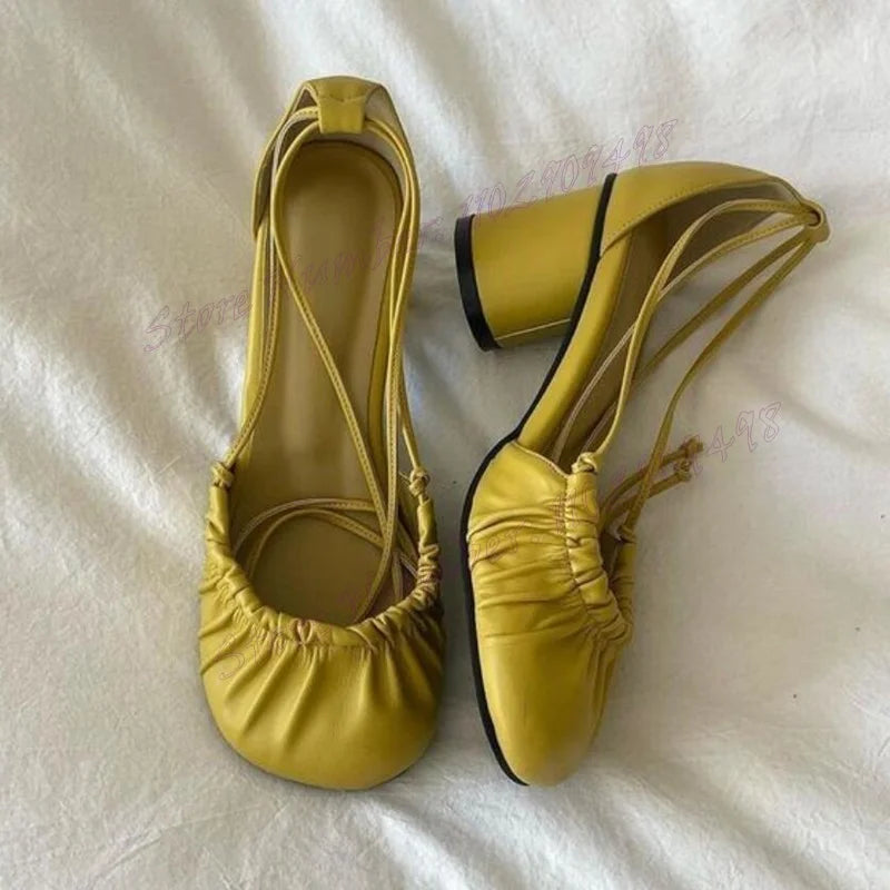 Chunky Heels Round Toe Matte Leather Cut Heels Shoes