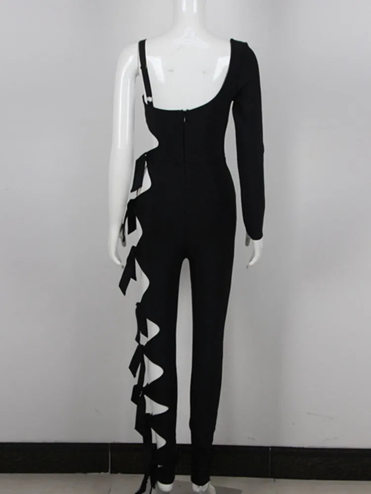 New Arrival Summer Style Long Sleeve Cut Out Black Bodycon Bandage Jumpsuit