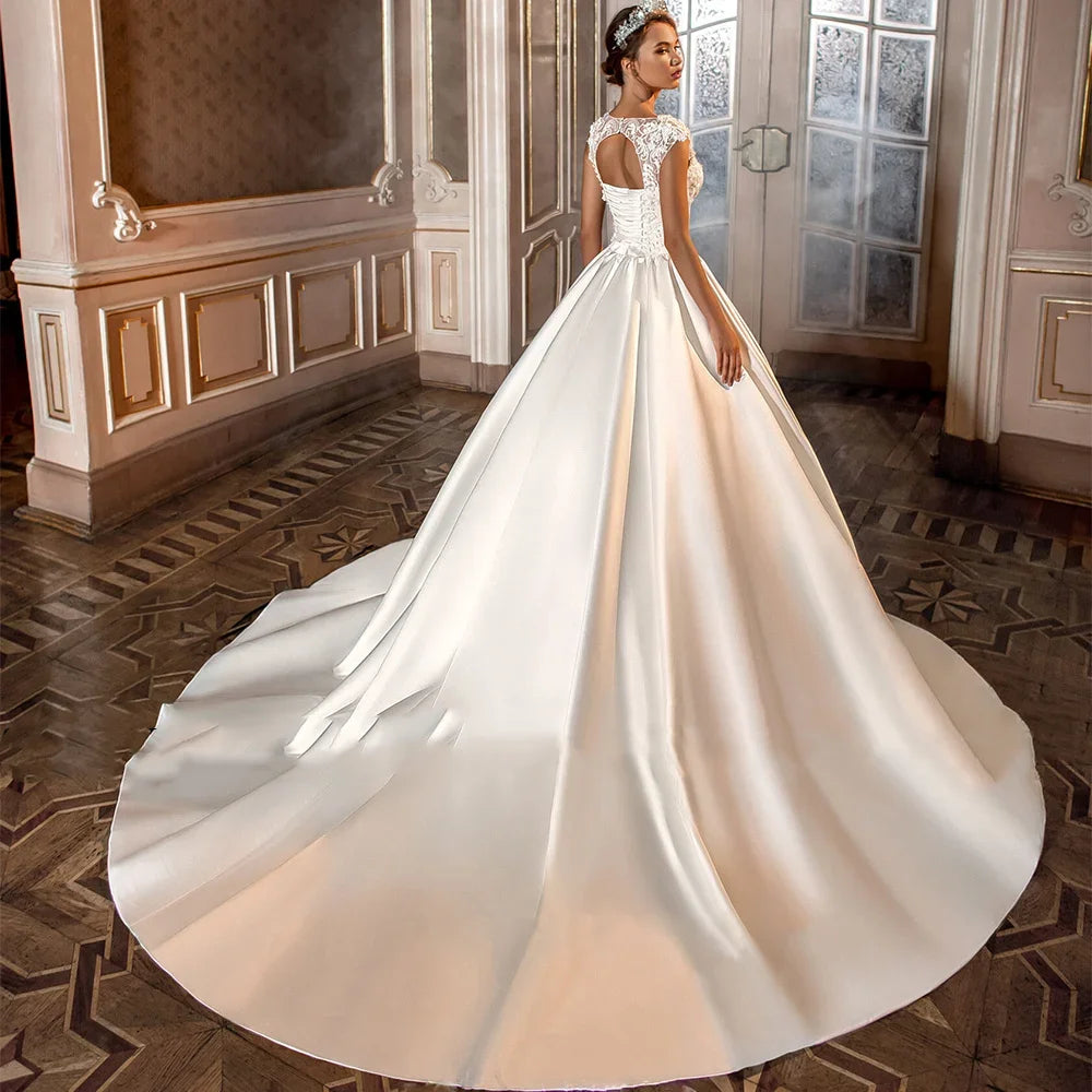 Elegant Satin Wedding Dress Cap Sleeve Sweetheart Open Back Corset Bridal Gowns Custom made