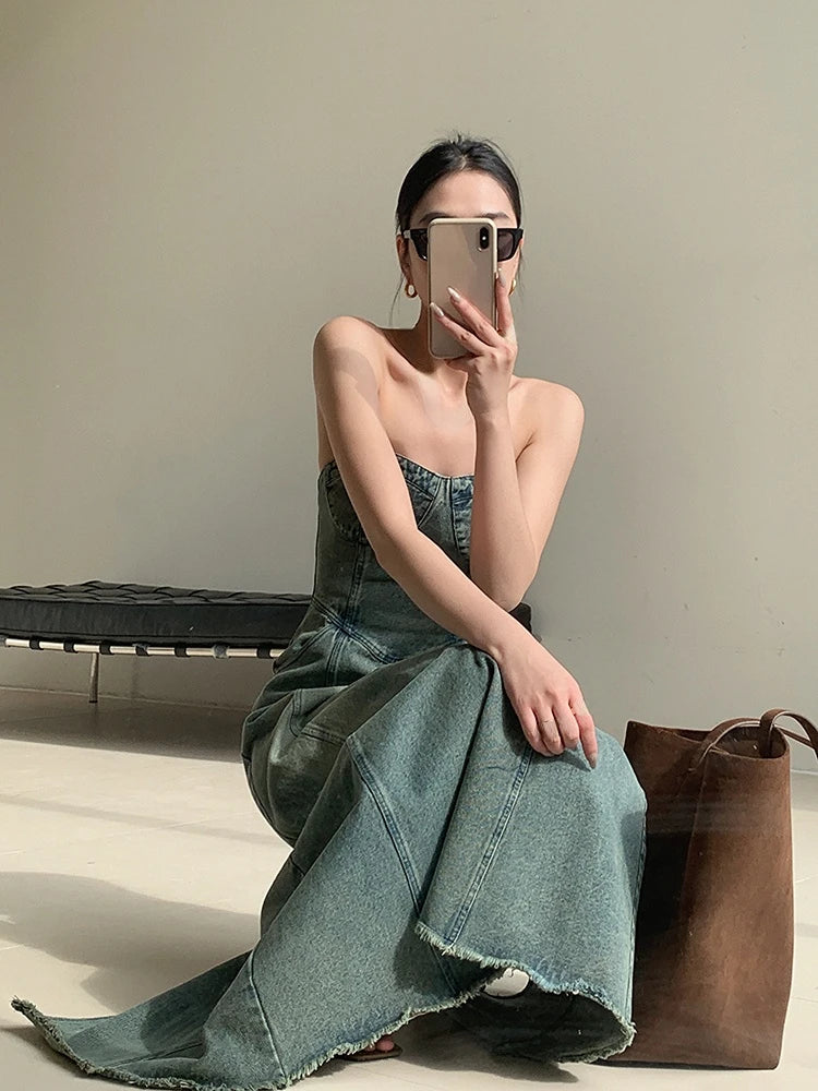 Vintage Elegant Party Midi Dress Denim Strapless Dress A-line Temperament