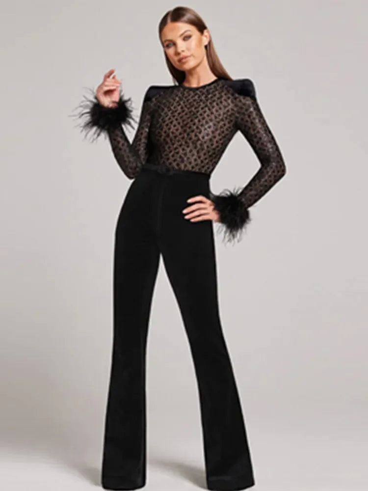 Black Jumpsuit High Quality Long Sleeve Furry Lace Embroidery Top and Bandage Pants Elegant Formal Occassion Rompers