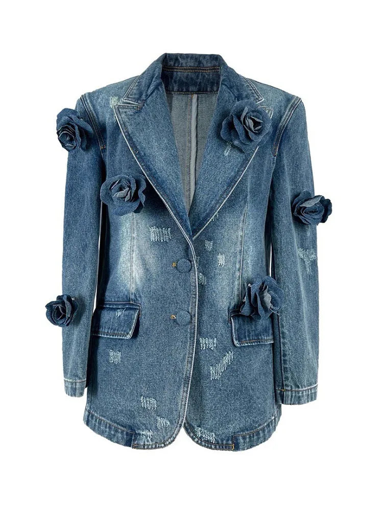 Trendy Vintage 3D Flower Long Sleeves Denim Coat