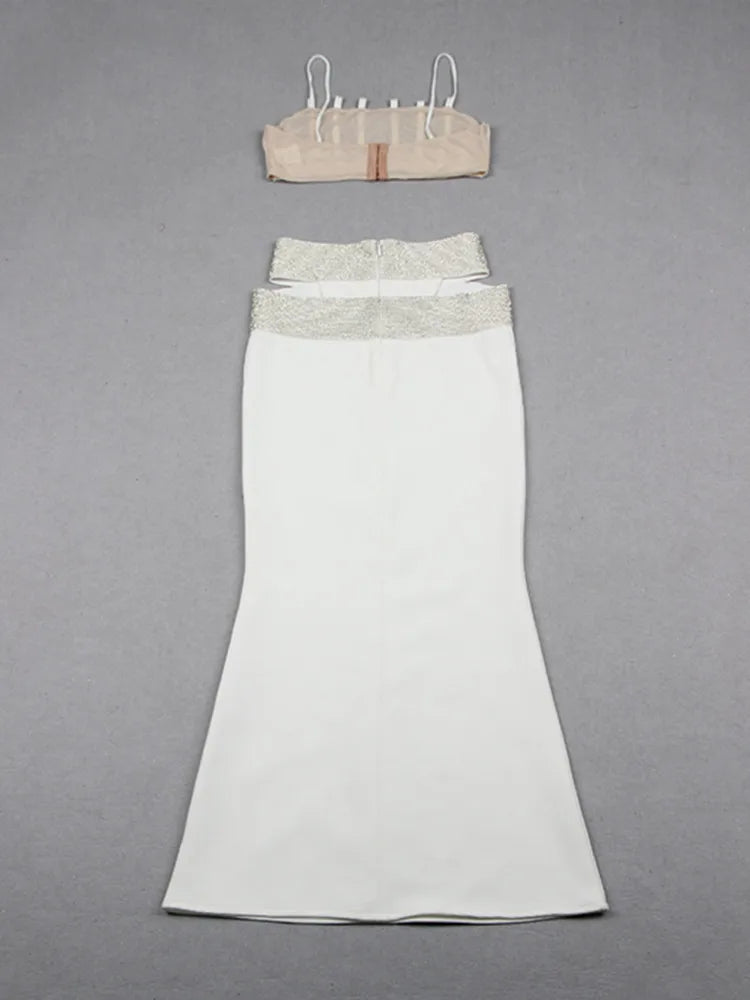 Backless Halter Diamonds Flower White Midi Bandage Skirt Set Knitted Elegant Evening Club Party Dress