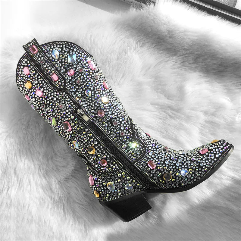 Multi-colored Rhinestone Handmade Mid-calf Western Boots