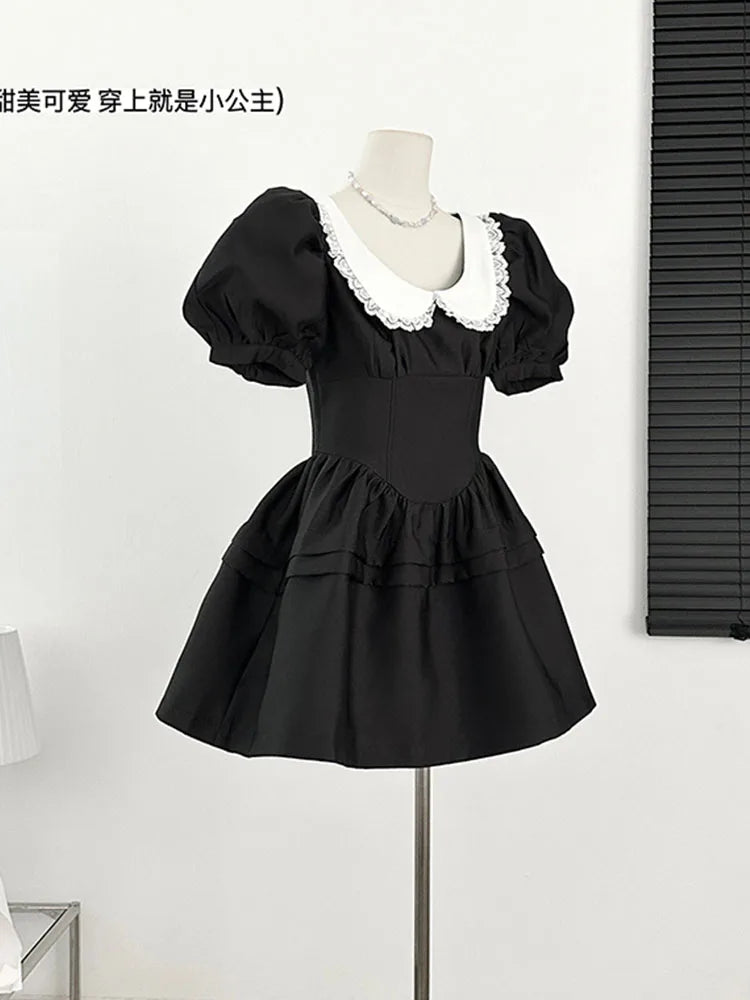 New Design Dress Women Lace A-Line Dress Sweet Puff Sleeve