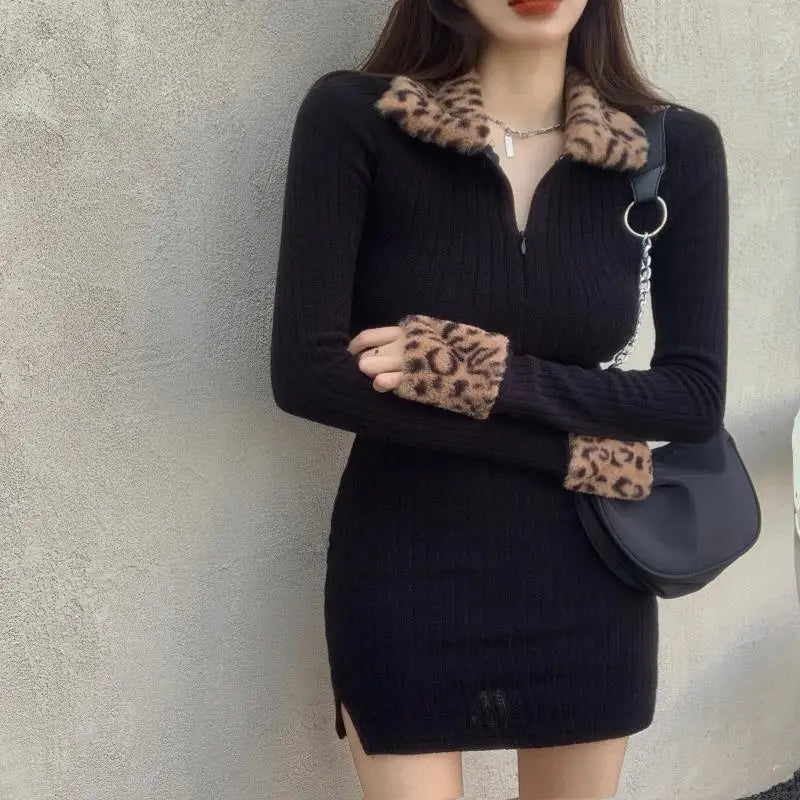 Leopard Spliced Mini Dress Autumn Winter Clothing Basic Long Sleeve Slim Lapel Stylish Zipper Dresses