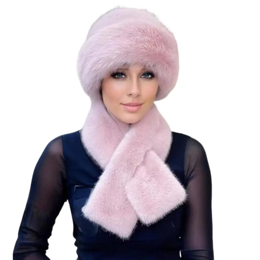2Pcs Women Winter Russian Hat Neck Warmer Thick Stretchy Keep Warm Dome Cap Outdoor Skiing Skating Headwear