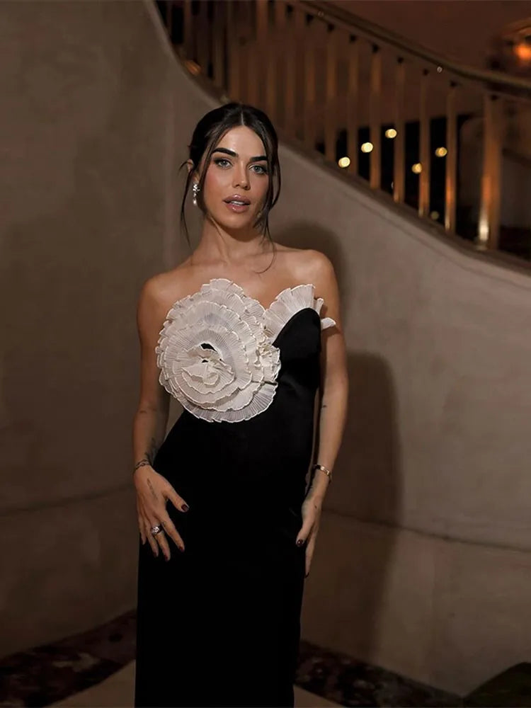3D Flower Strapless Velvet Dresses