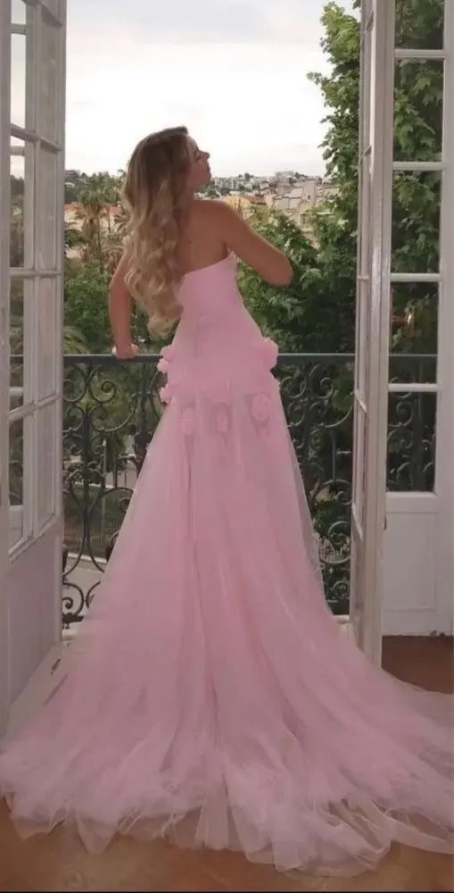 Pink Mermaid Fairy Evening Prom Dresses Side Split Handmade Flower Tulle Party Dress Pirncess Sweetheart Homecoming Prom Gowns