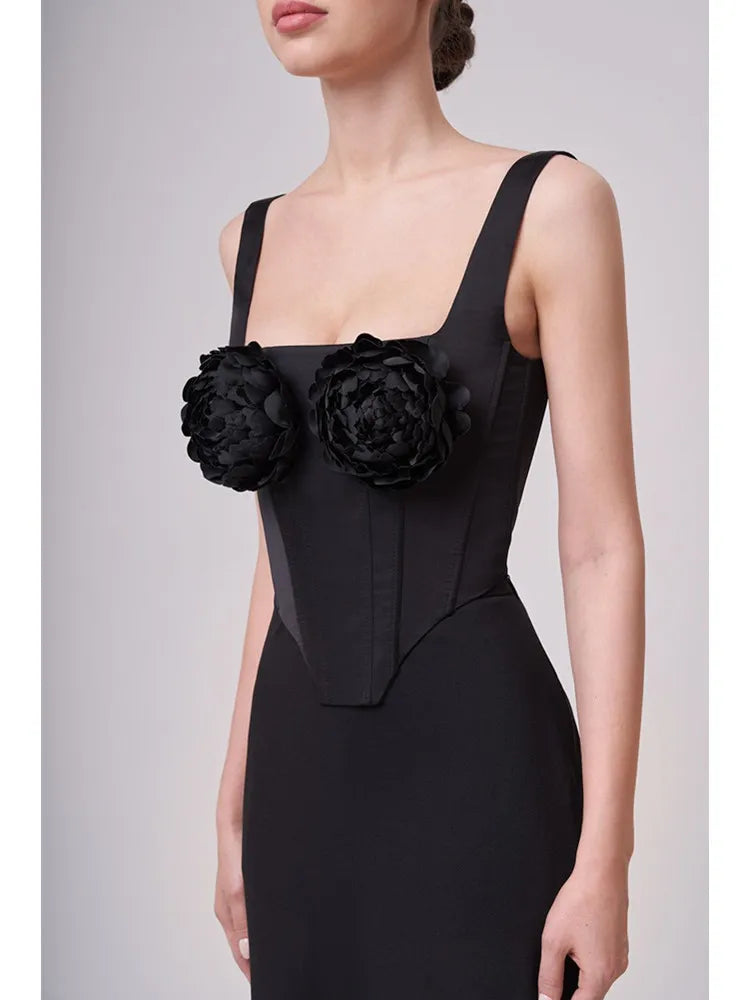Black White 3D Flower Bandage Skirt Set Knitted Elegant Evening Club Sets Dress
