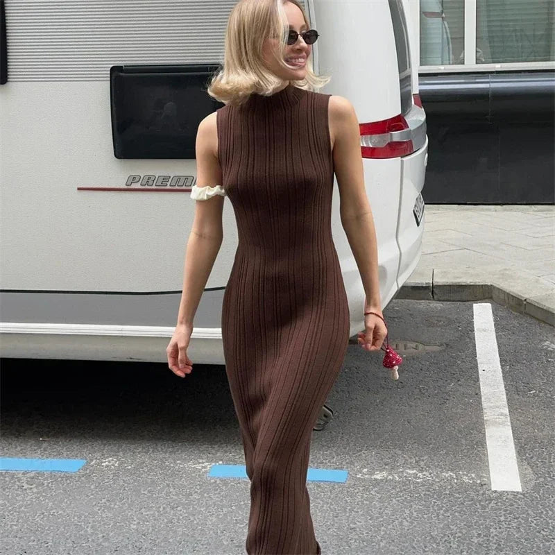 Knitted Turtleneck Sleeveless Bodycon Dress For Women Elegant Rib Knit Long Dress High Waist Party Dresses Vestido