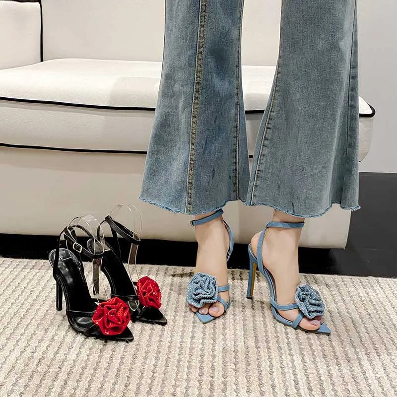 Rhinestone 3D Flower Rose Blossoms/Bowknot High Heel Sandals French Pointed Open Toe 11cm Thin Heel