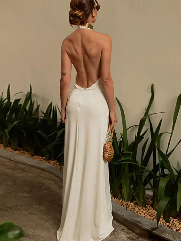 Backless Halter Solid Maxi Dress