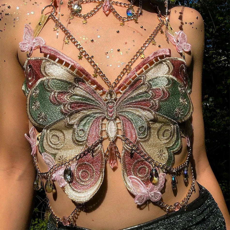 Crystal Chain Butterfly Embroidery Sleeveless Backless Adjustable Ultra Short Top