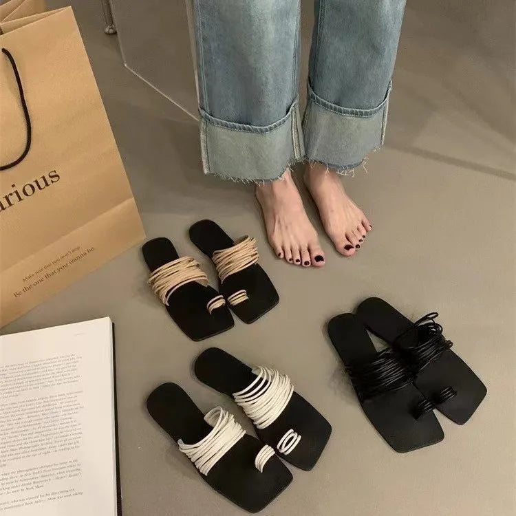 Summer Sandals Open Toe Flat Slippers Square Head Bow Beach Women Shoes Zapatos De Mujer